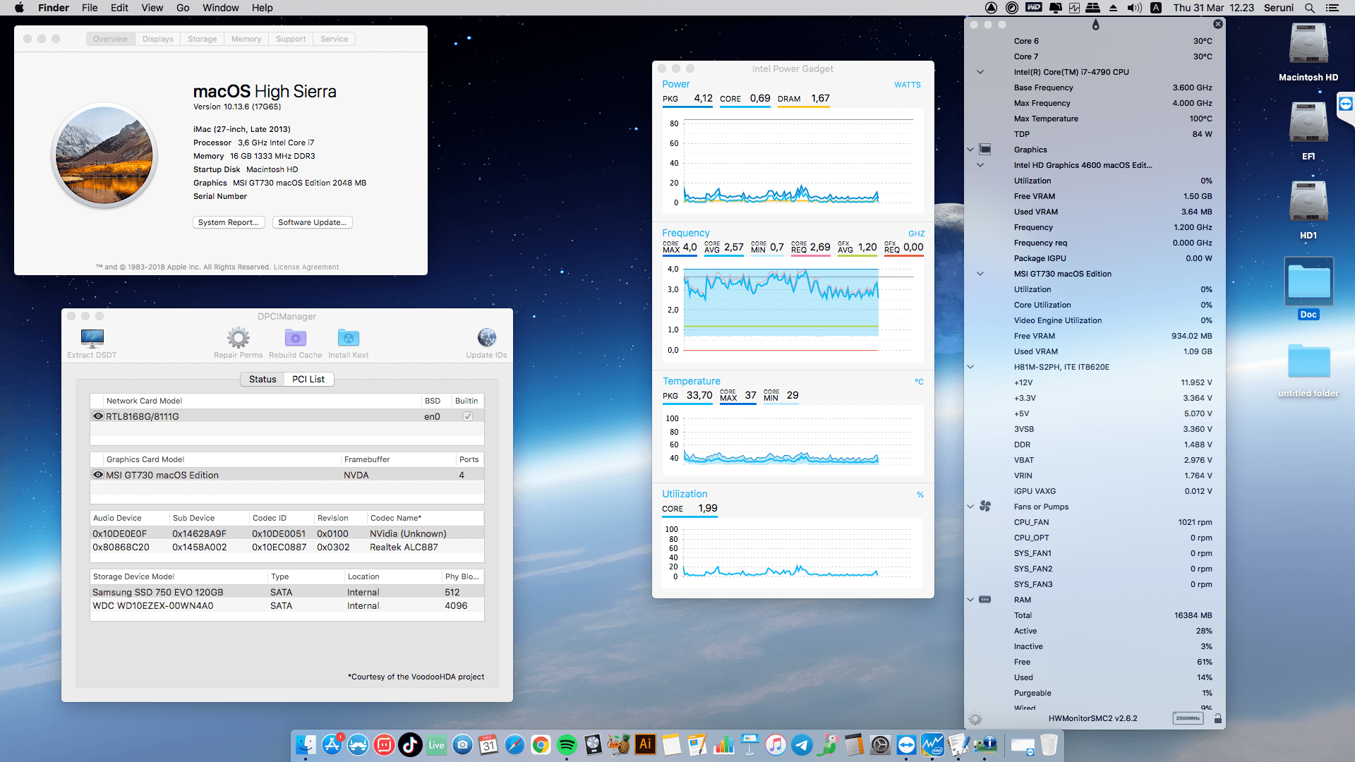 Success Hackintosh macOS High Sierra 10.13.6 Build 17G65 in Gigabyte GA-H81M-S2PH + Intel Core i7 4790 + MSI GT730